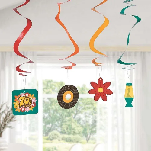 Vista 3 de Fun Express - Decoraciones de remolinos colgantes de fiesta de los años 70 de 30 pulgadas - Espirales y remolinos para una divertida decoración