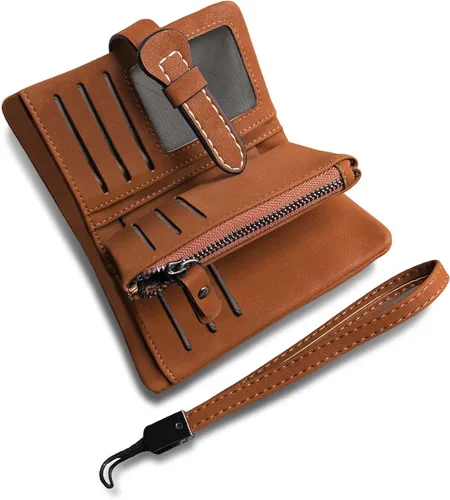 Vista 10 de AOXONEL Women's Small Bifold Leather wallet Rfid blocking Ladies Wristlet with Card holder id window Coin Purse