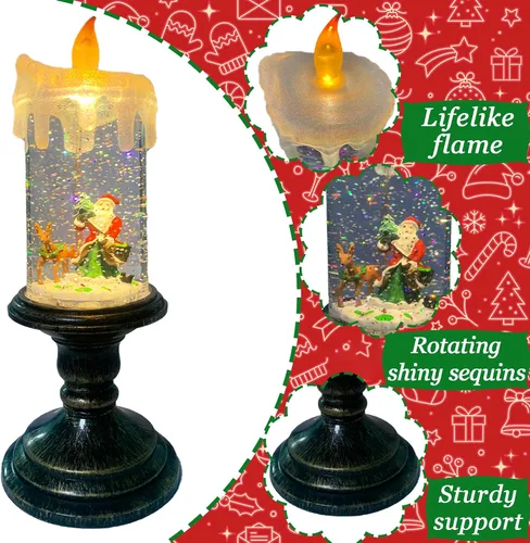 Vista 5 de Velas sin llama parpadeantes de Navidad, diseño de globo de nieve, luz de vela, agua arremolinada con purpurina, velas giratorias con temporizador