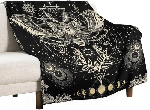 Vista 24 de Manta gótica de franela de polilla abstracta, mágica, bohemia, mariposa, esqueleto, luna, estrellas, manta estética para hombres, mujeres, niñas