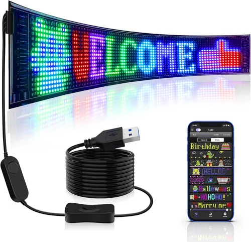 Vista 10 de Rayhome Mini letrero LED para automóvil, 6.7 x 2.76 pulgadas, panel de matriz LED flexible, USB 5 V, control de aplicación Bluetooth, letrero LED