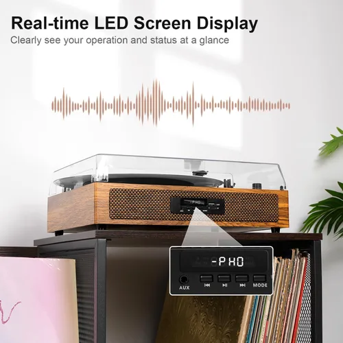 Vista 8 de Reproductor de discos de vinilo de tamaño extendido con reproducción Bluetooth, altavoces integrados, grabación USB, pantalla LED, tocadiscos