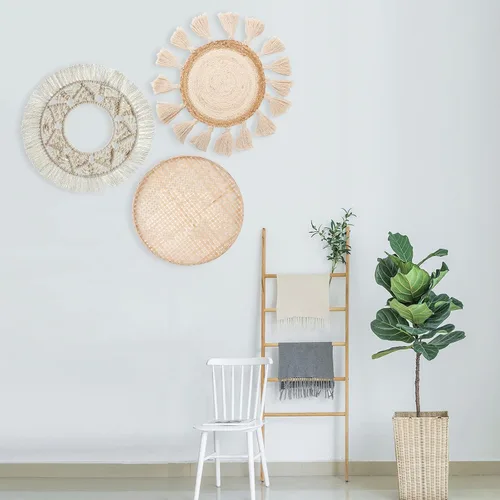 Vista 2 de LOCS MICRAI Juego de 3 cestas de pared bohemias, cesta tejida plana, decoración para colgar en la pared, borlas redondas, tapiz de macramé blanco