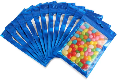 Vista 12 de 100 bolsas de Mylar resellables, a prueba de olores, con ventana transparente; bolsa de papel aluminio, plana, con cierre resellable.