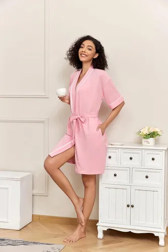Vista 149 de COLORFULLEAF Bata de baño de manga corta para mujer, 100% algodón, longitud hasta la rodilla, con bolsillos