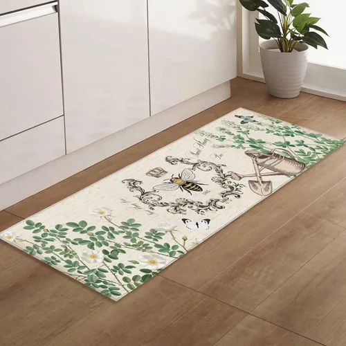 Vista 5 de T&H XHome Juego de 2 alfombras de cocina, diseño vintage de abejas de miel, girasol, antideslizantes, parte trasera de goma, tapetes acolchados