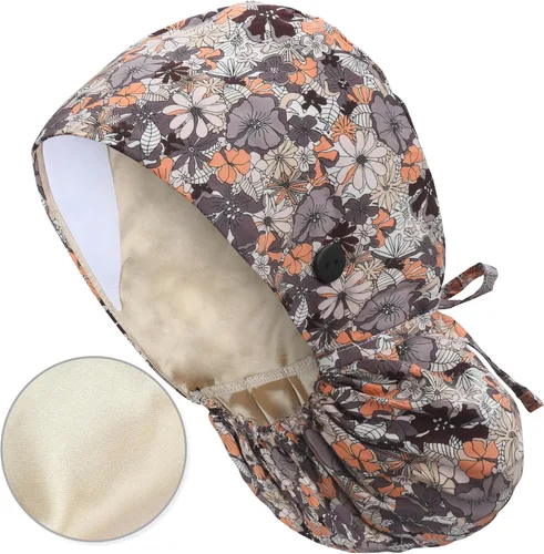 Vista 7 de Gorra médica con forro de satén con bolsillo para cola de caballo, gorro de enfermera médica de algodón con banda elástica para el sudor