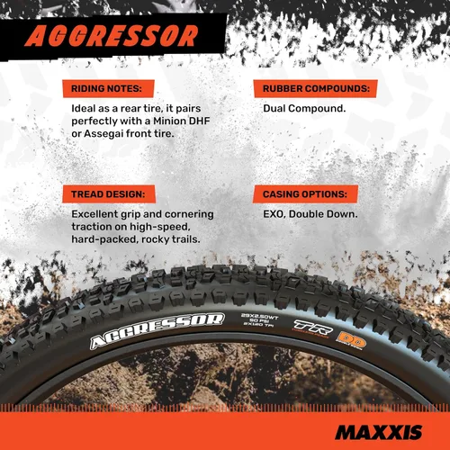 Vista 3 de MAXXIS Aggressor - Compuesto Dual - EXO, DD - Clasificación E25, Sin Cámara Principalmente Destinado para Uso en Rueda Trasera Fast-Rolling