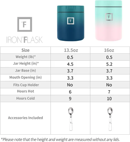 Vista 2 de IRON FLASK - Tarro de comida de hierro – 13.5 oz y 16 oz, cuchara plegable, a prueba de fugas, termo aislado al vacío, acero inoxidable, almuerzo