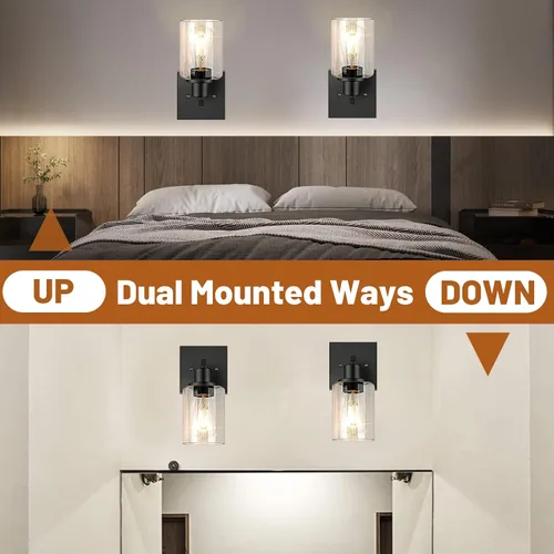 Vista 5 de Juego de 2 apliques de pared, juego de luces de baño negro mate, juego de luces de pared de granja, luces de tocador con pantalla de vidrio
