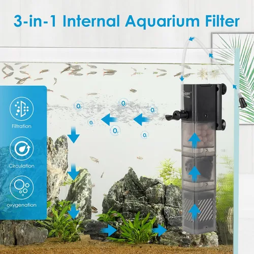 Vista 3 de hygger Filtro de acuario DC 5V Filtro de tanque de peces silencioso de energía de 5 V con aireación de lluvia Filtración de 3 etapas Filtro interno