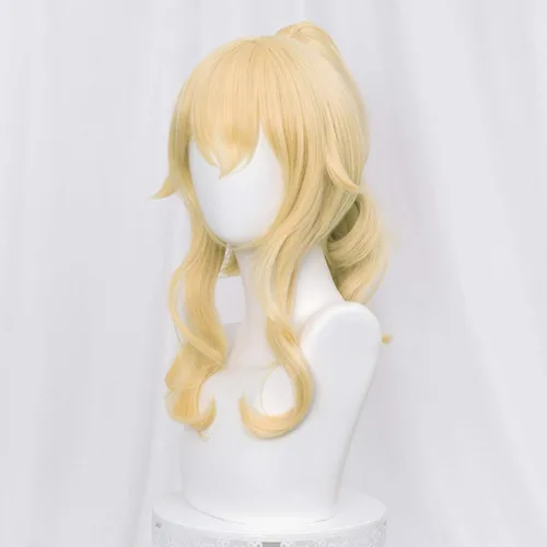 Vista 5 de SL Peluca de cola de caballo rubia ondulada para cosplay de Jean, pelucas de princesa dorada con colas de caballo, flequillos + gorra de peluca