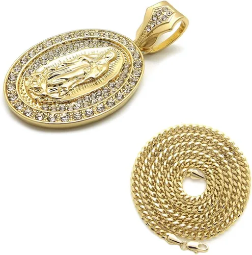Vista 3 de Collar de cadena cubana con colgante ovalado de la Virgen María de la moda 21 Iced Out en tono dorado