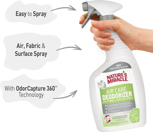 Vista 5 de Nature's Miracle Air Care, Spray para tela y superficie con aroma a lluvia de aloe y desodorante eliminador de olores de mascotas, 24 onzas líquidas