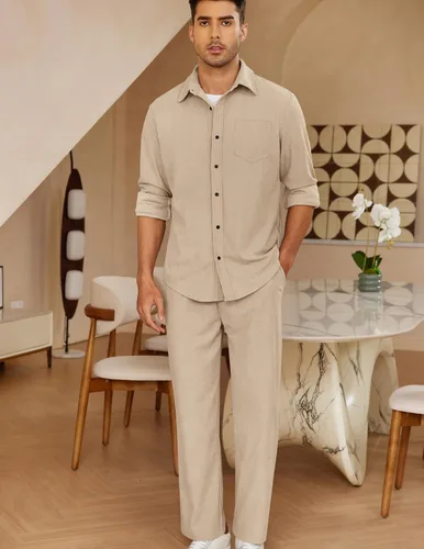 Vista 3 de COOFANDY Men's 2 Piece Outfits Casual Track Suits Corduroy Button Down Shirts and Elastic Waistband Pant Sets
