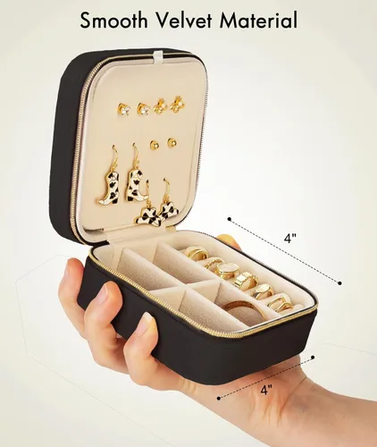 Vista 3 de Quatish Joyero de viaje, organizador de viaje de joyería, caja de joyería pequeña portátil para mujeres, mini estuche de joyería de terciopelo
