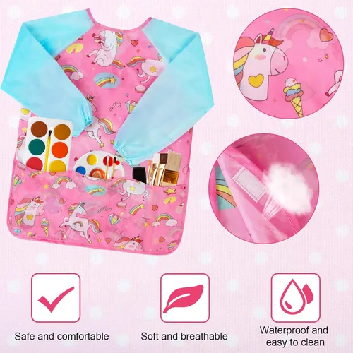 Vista 5 de Bassion Kids Art Smock Toddlers Painting Aprons Colorful Waterproof Children Artist Smock with Long Sleeve 3 Roomy Pockets