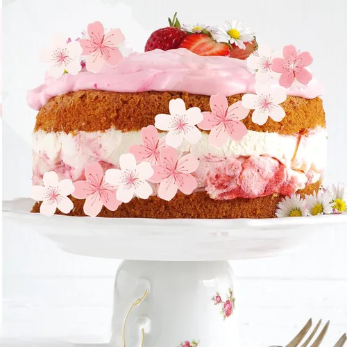 Vista 6 de 60 piezas de flores comestibles para decorar pasteles y cupcakes, decoraciones de papel de oblea en forma de flores de cerezo rosa, temática