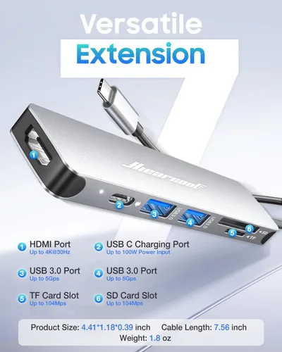 Vista 2 de Hiearcool - Hub USB C 7 en 1, compatible con MacBook, color plateado 4K @30Hz HDMI, 100W PD