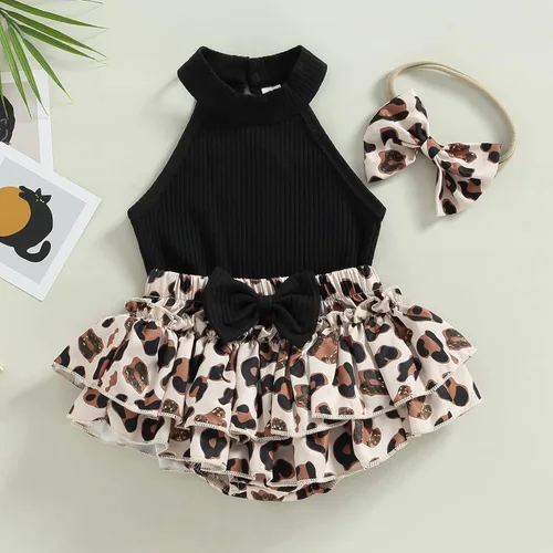 Vista 123 de TheFound Trajes de verano para niñas pequeñas, sin mangas, de punto acanalado, halter, pantalones cortos, ropa para recién nacidos, conjunto de 3