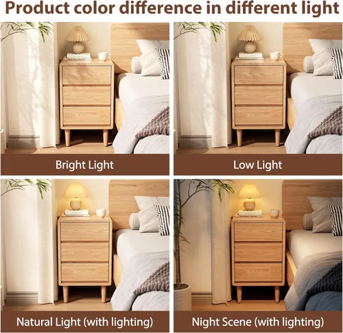 Vista 8 de Mesita de noche alta natural con 3 cajones, mesita de noche moderna de mediados de siglo con almacenamiento, mesita de noche de madera maciza