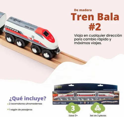 Vista 4 de Maxim Enterprise, inc. Tren de bala de madera, juego de 2 motores modernos, 1 elegante coche de pasajeros con conectores magnéticos, compatible