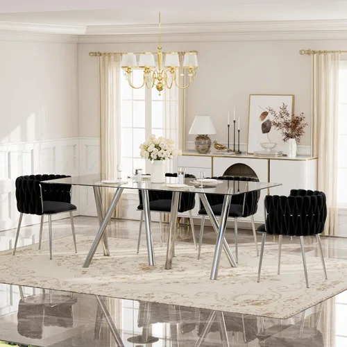 Vista 18 de Glam Style - Juego de 5 mesas de comedor para 4, mesa de comedor rectangular de vidrio templado de 71 pulgadas con base de metal dorado, sillas