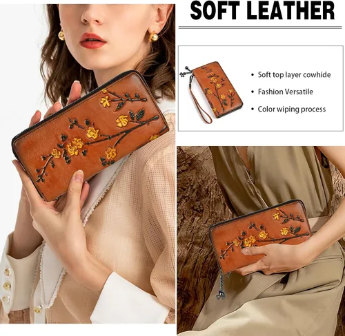 Vista 4 de Cartera de cuero con cremallera para mujer, estilo vintage, monedero de flores para mujer, Marrón, Estilo retro