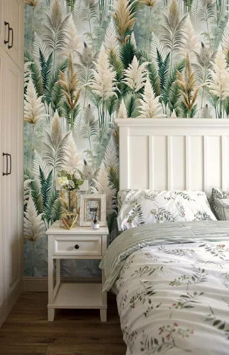 Vista 4 de Floralplus Papel tapiz removible de bosque bohemio para despegar y pegar, papel tapiz de hojas bohemias para dormitorio, baño, papel de contacto