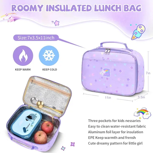 Vista 5 de Mochilas para niñas, escuela, lindas mochilas para niños, con lonchera aislada, juego para la escuela primaria, púrpura (Star Purple), Mochila