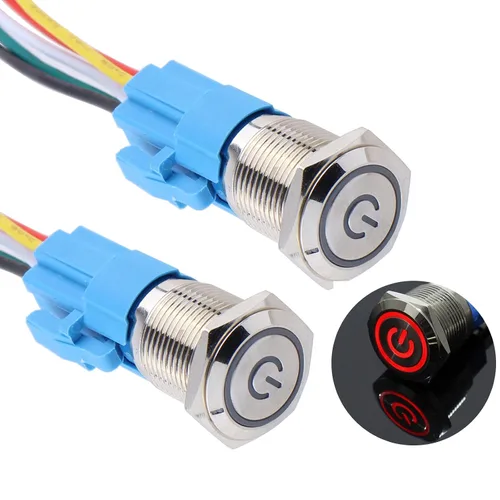 Vista 14 de 2 piezas de interruptor de botón de metal de cierre de 16 mm, 12V-24V, encendido/apagado, 1NO 1NC, impermeable, autoblocante, carcasa plateada