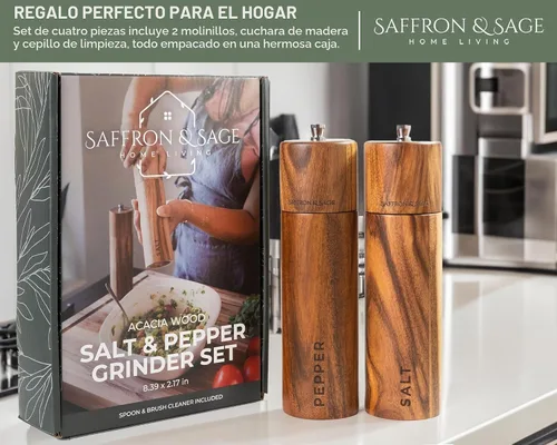 Vista 7 de Saffron & Sage Premium - Molinillo de sal y pimienta de madera de acacia de 2 a 8 pulgadas de alto con ajustes gruesos ajustables, resistente a