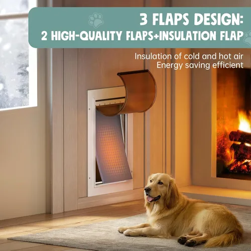 Vista 4 de Puerta para perro para puerta, 3 solapas de aluminio, color blanco, puerta grande para perros, puerta resistente para mascotas, con solapa aislante