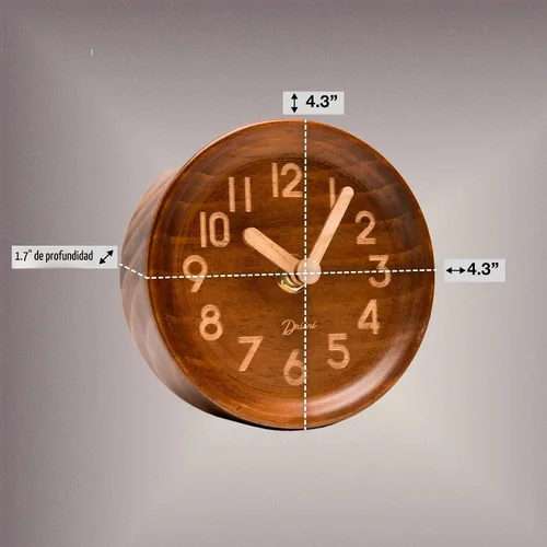 Vista 3 de Driini Reloj de Escritorio Analógico de Madera – 4.3 pulg. Madera de Pino Decorativa, Diseño Sin Tic-Tac – Reloj de Repisa Silencioso de Barrido