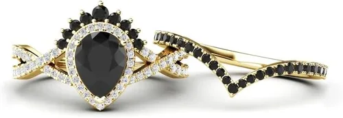 Vista 4 de Anillo de compromiso de ónix negro en forma de pera, halo de oro rosa, único juego de anillos de compromiso de piedra negra para mujer, anillo