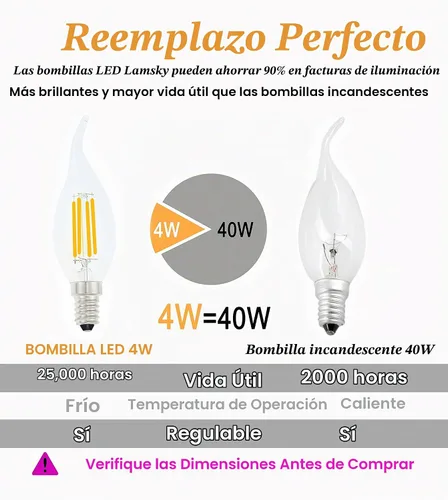 Vista 4 de Bombilla LED E14 con base europea de 4 W, bombillas LED regulables equivalentes a 40 W, bombillas LED con punta de llama, 110 V 2700 K, blanco