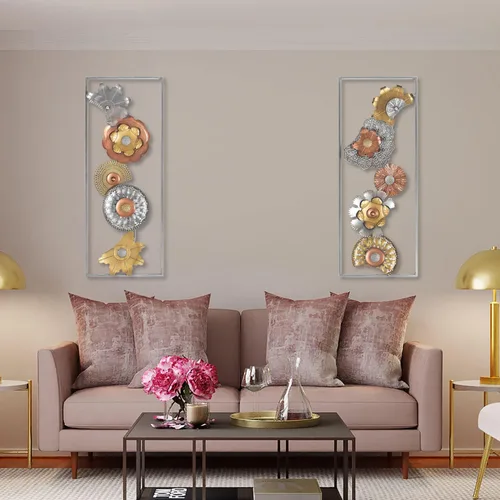 Vista 6 de Asense Juego de 2 flores de metal para colgar en la pared con marco, 36 x 14 pulgadas, esculturas modernas de arte de pared de metal dorado