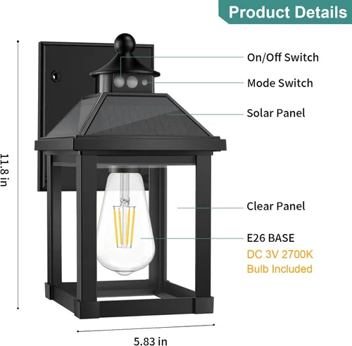 Vista 5 de AEQ Luces solares para porche al aire libre, apliques solares para exteriores con sensor de movimiento, luz de pared impermeable con panel