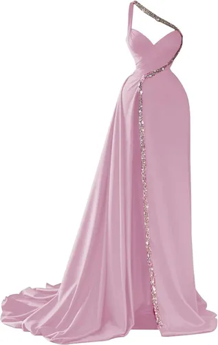 Vista 3 de Vestido de fiesta con cuello en V y un hombro para mujer, vestido de noche brillante con sirena dividida, vestido formal con tren DR0333