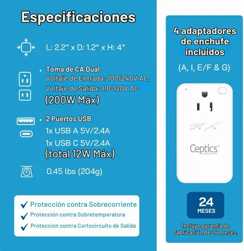 Vista 5 de Ceptics Convertidor de voltaje reductor de 200 W – Convertidor de voltaje de 220 V a 110 V para rizador, alisador, cargador – Carga rápida USB-A y C