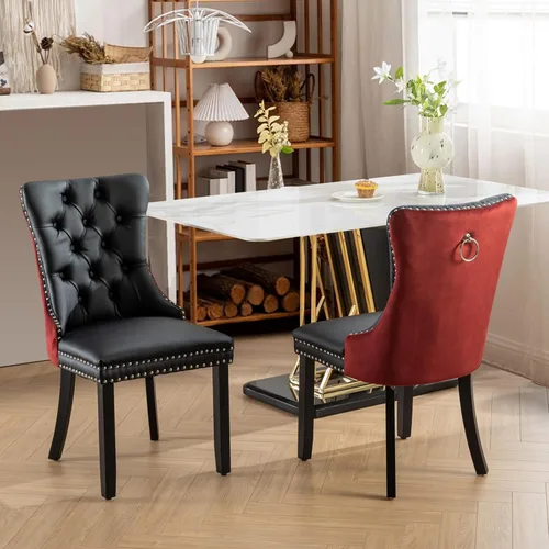 Vista 138 de SoarFlash Juego de 2 sillas de comedor de terciopelo, silla lateral de respaldo alto, silla lateral moderna tapizada de alta gama con botones Beige