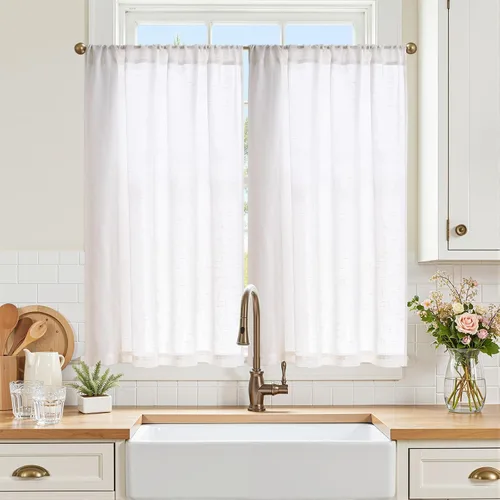 Vista 66 de Jinchan - Cortinas de cocina de lino rústico beige con bolsillo para barra, 26 x 36 pulgadas, 2 paneles