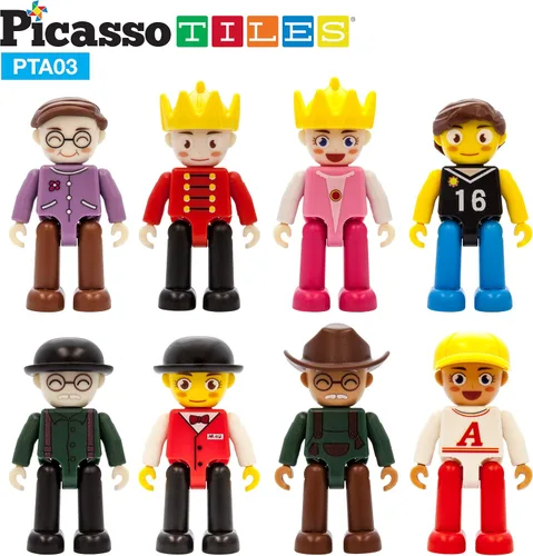 Vista 4 de PicassoTiles Figuras magnéticas + 100 azulejos magnéticos + 2 camiones de automóvil, juego de expansión de imán de acción de personajes de 8 piezas