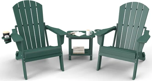 Vista 14 de Juego de sillas plegables Adirondack de 3 piezas, respaldo extra alto de 38 pulgadas y grano de madera en relieve, muebles de patio de polietileno