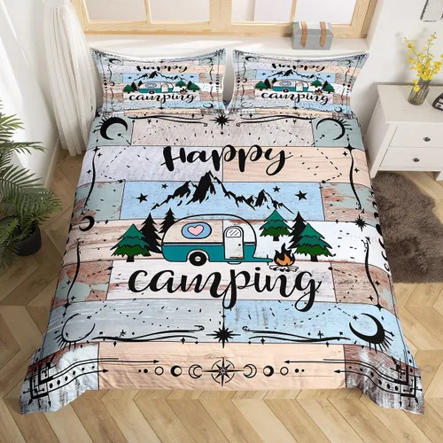 Vista 24 de Erosebridal Juego de funda de edredón de cabaña de cabaña, ropa de cama individual para niños, funda de edredón de campamento feliz, ropa de cama