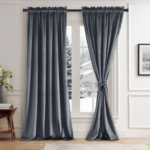 Vista 83 de JIUZHEN Cortinas de terciopelo beige de 63 pulgadas de ancho x 63 pulgadas de largo, cortinas de terciopelo retro suaves con bolsillo para barra