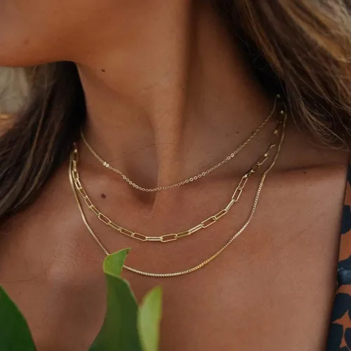 Vista 5 de Juego de collar de oro en capas para mujer, collar de espiga para mujer, delicado collar de cadena de serpiente plana en capas, gargantilla de oro