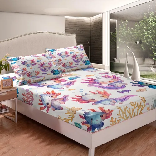 Vista 2 de Manfei Sábana bajera ajustable de ajolote de acuarela, tamaño individual, juego de ropa de cama de hojas de algas subacuáticas, 2 piezas