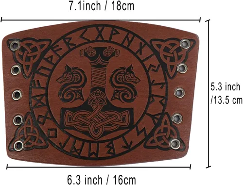 Vista 5 de Brazaletes vikingos, armadura de cuero, martillo de Thor, guanteletes de brazo nórdico en relieve, pulsera medieval LARP con tiro con arco