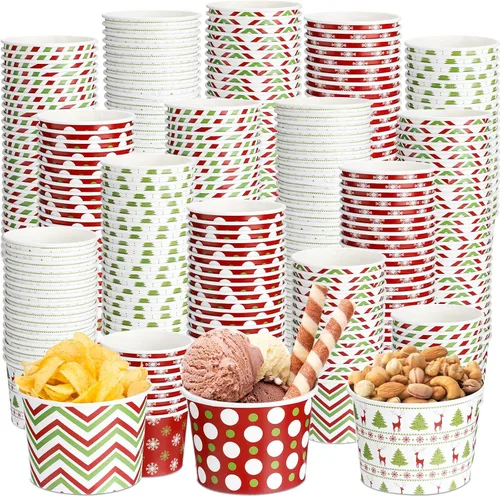Vista 7 de Sliner 60 piezas de cuencos desechables de postre de Navidad de 9 onzas, tazas de golosinas y aperitivos de Navidad de copos de nieve navideños